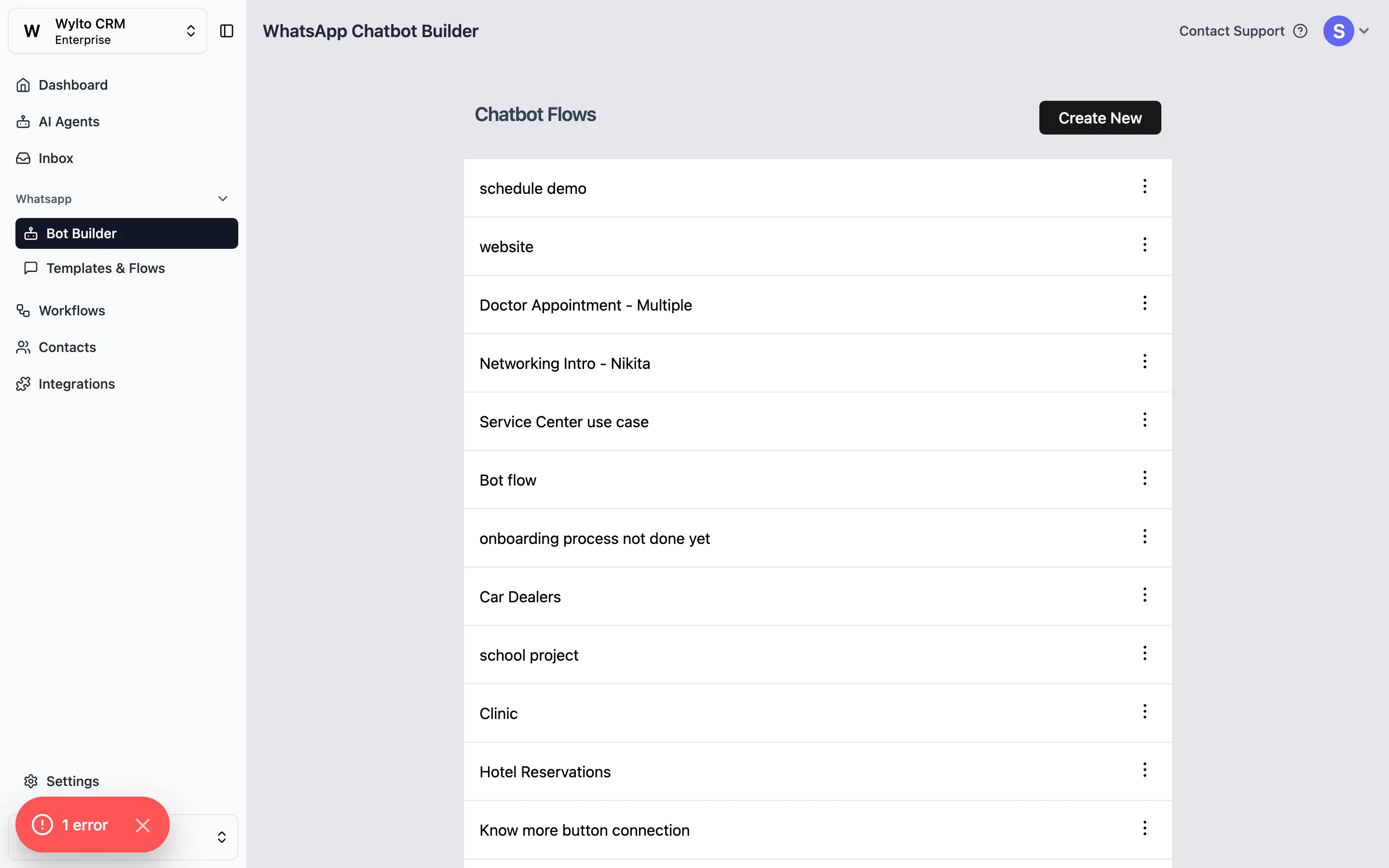 Chatbot Flows list showing existing bots and a Create New button