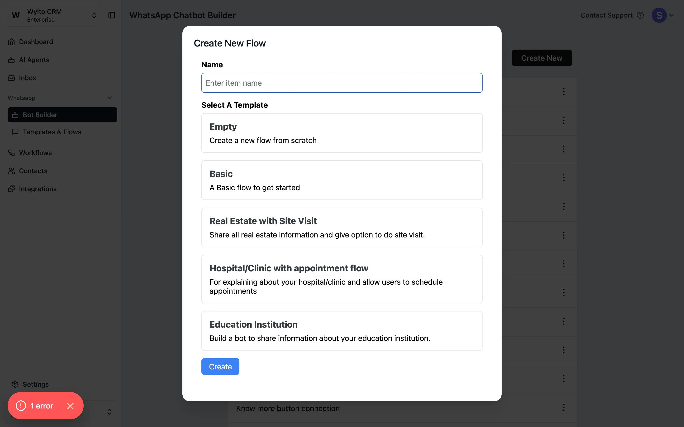 Create New Flow dialog with template options