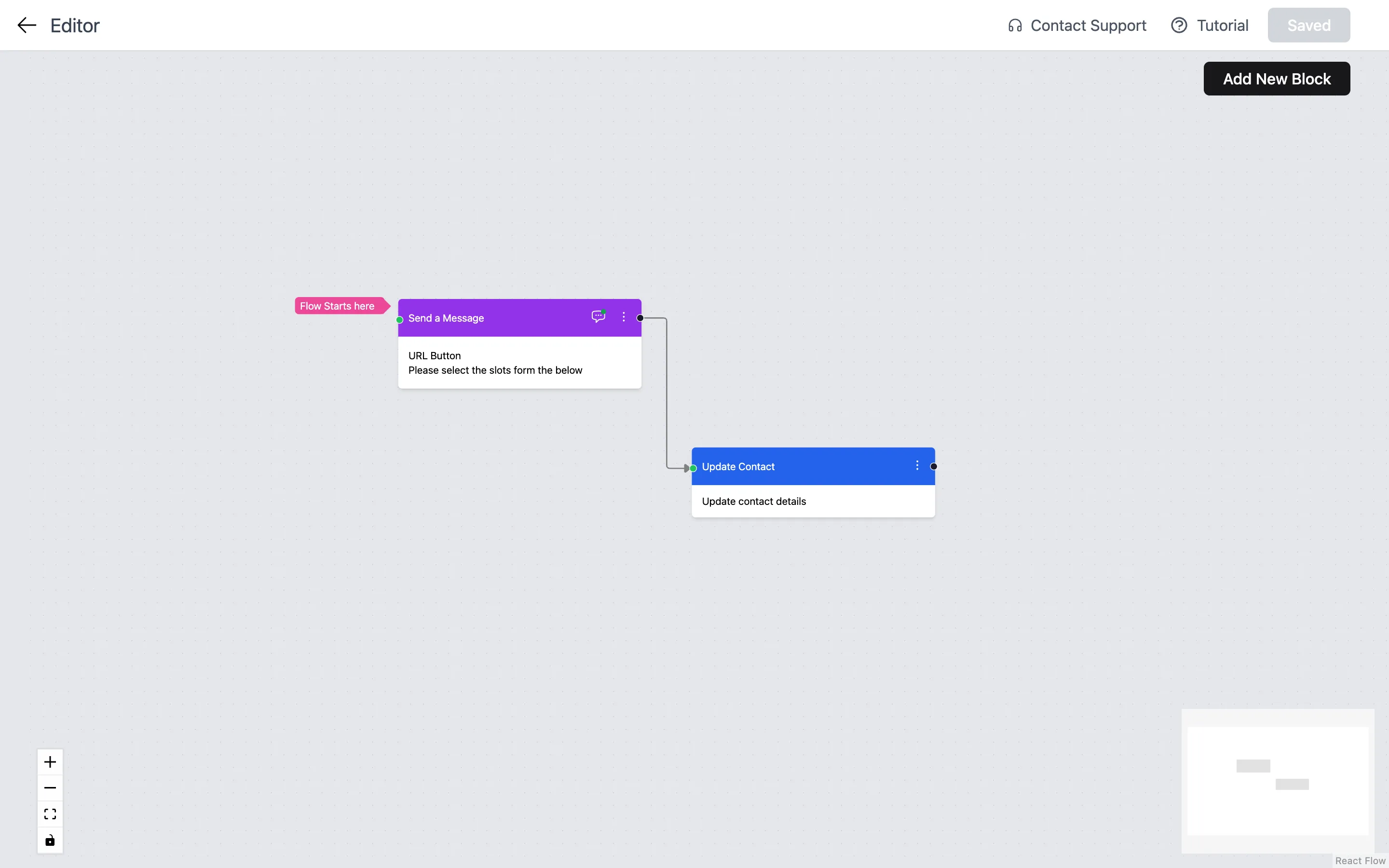 Visual flow editor with Send a Message and Update Contact blocks connected